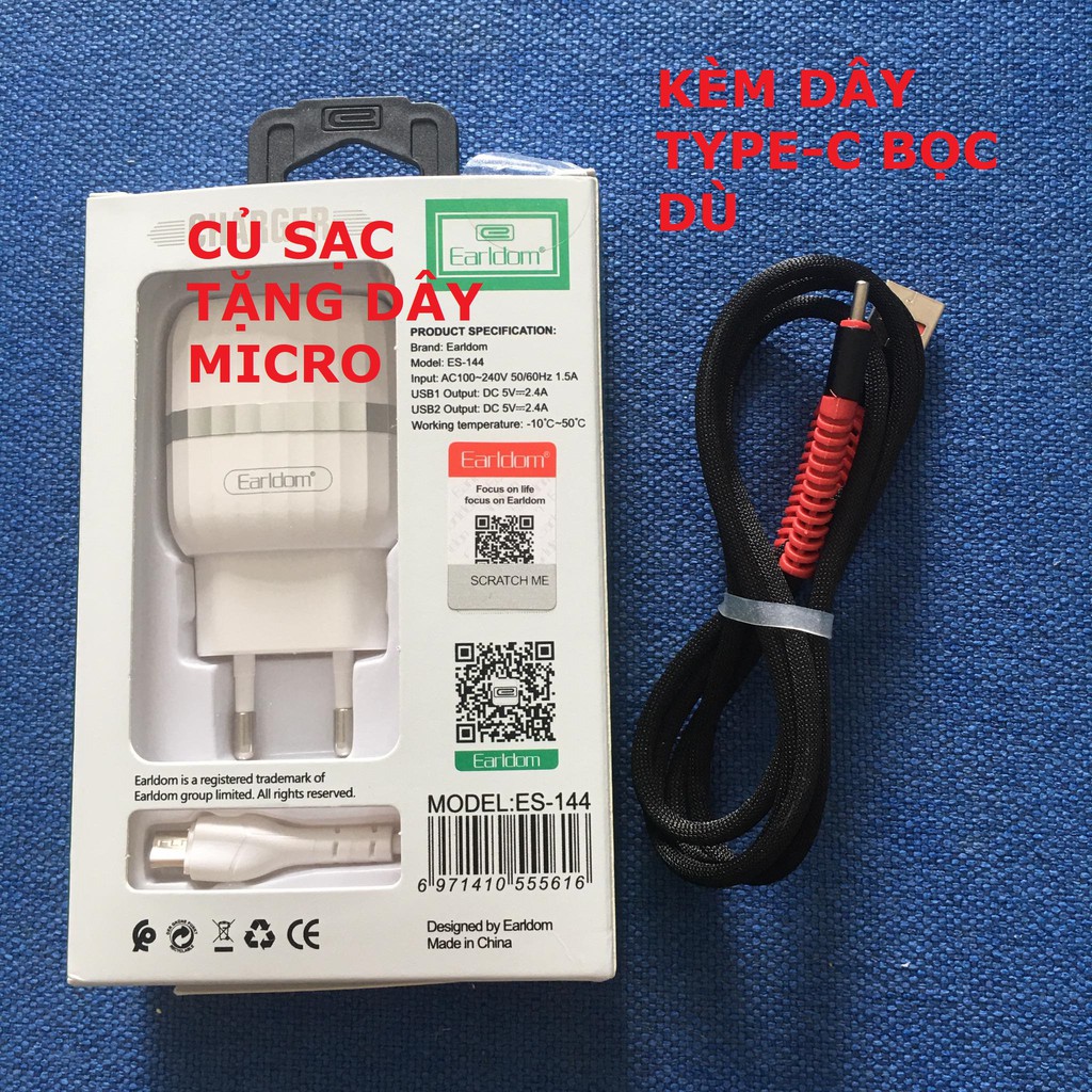 Bộ sạc nhanh Earldom ES-144 2 cổng 2.4A Hàng chính hãng Tặng kèm cáp micro USB