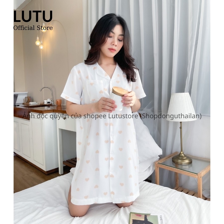 Váy Ngủ Pijama Lụa Ngắn Tay Họa Tiết Dễ Thương