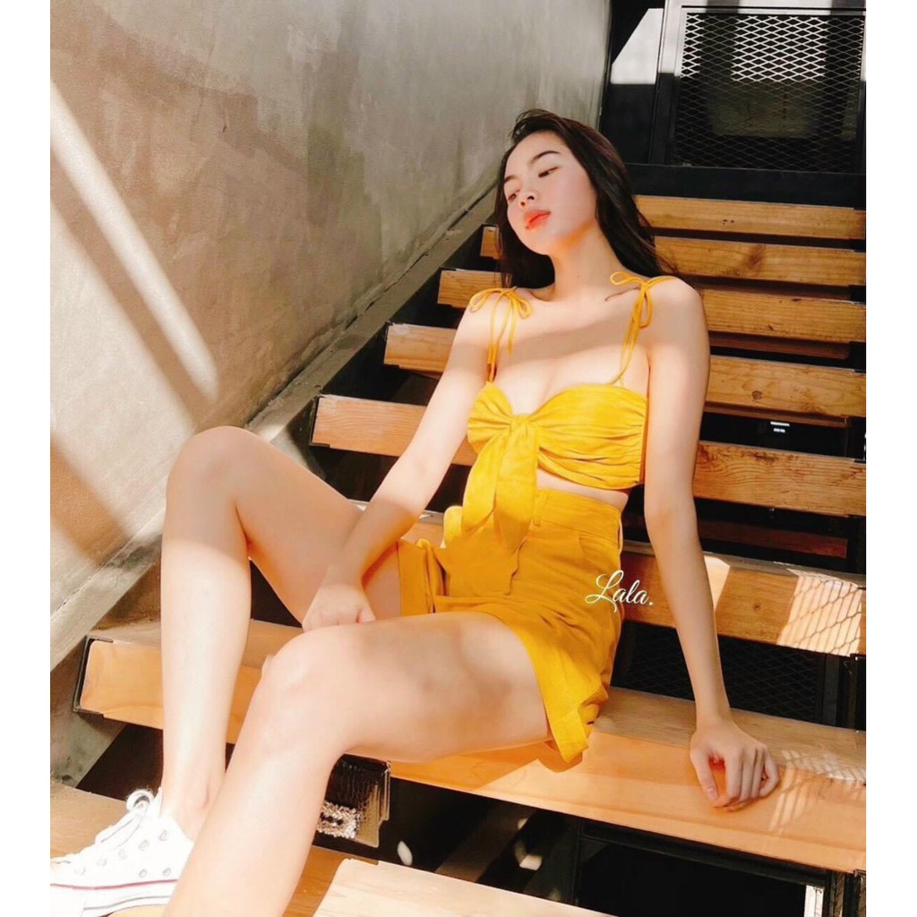 Set crop nơ vàng + short H3327 (+hình thật)