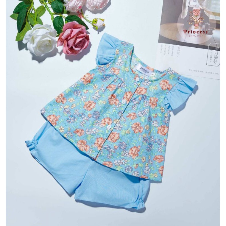 Bộ thô cho bé gái từ 8-21kg hoạ tiết hoa xanh mát