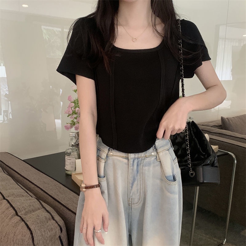 Áo Dệt Kim Tay Ngắn Cổ Vuông Phong Cách Hàn Quốc Thời Trang Mùa Hè Cho Nữ