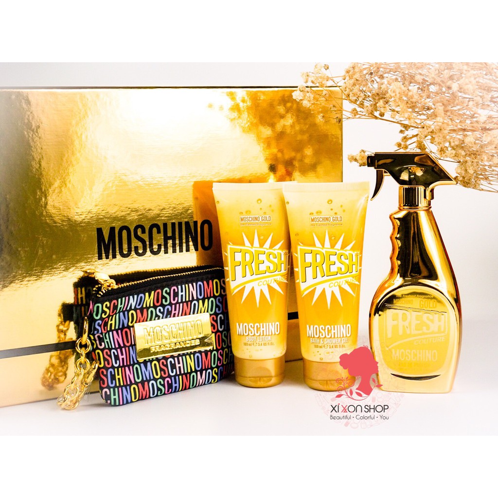 BỘ QUÀ TẶNG MOSCHINO FRESH GOLD NƯỚC HOA 100ML, DƯỠNG THỂ 100ML, SỮA TẮM 100ML & VÍ CẦM TAY