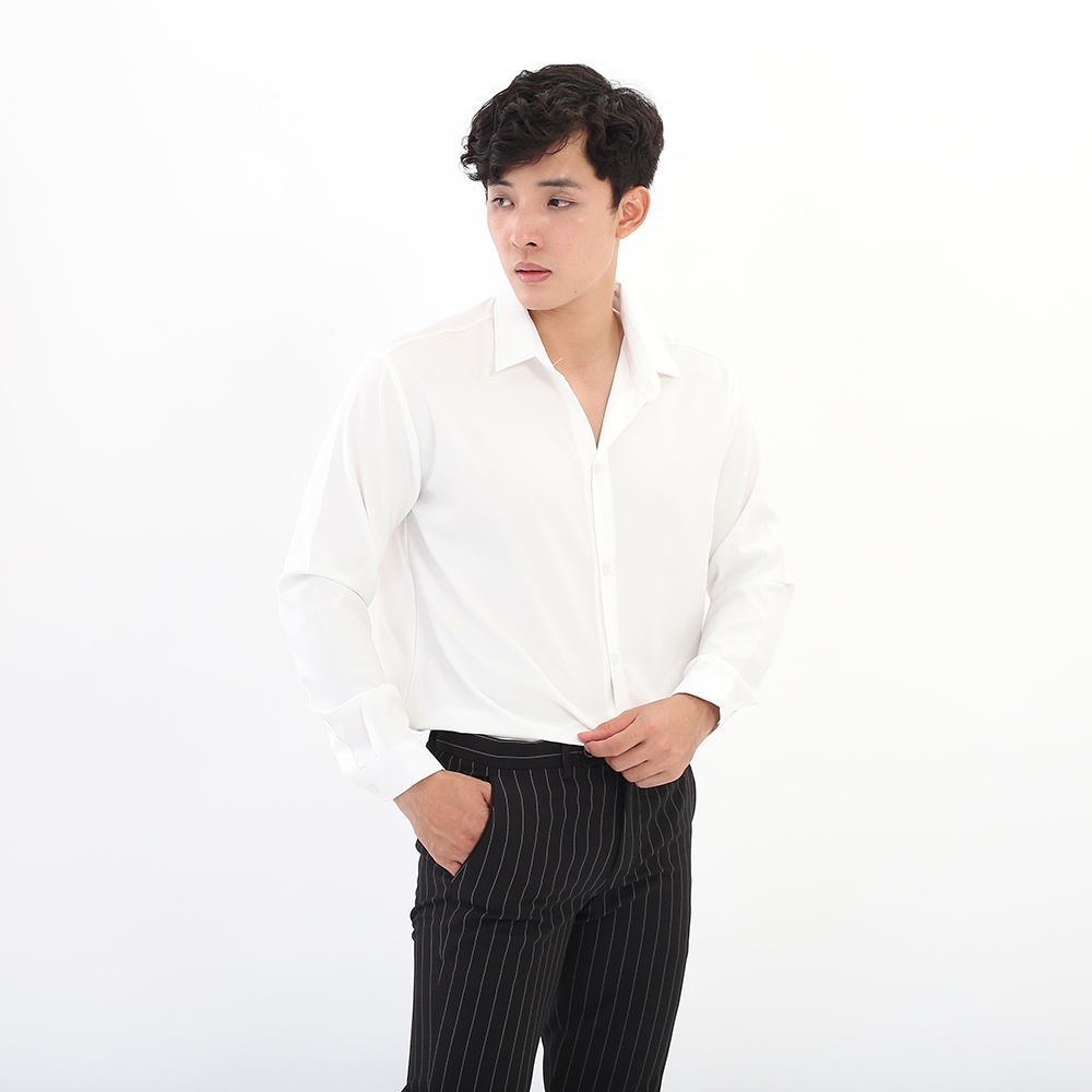 Áo sơ mi Xanh đậm giấu cúc, cổ trụ, cổ vest tàu dài tay vải lụa mềm form rộng phong cách hàn quốc cao cấp