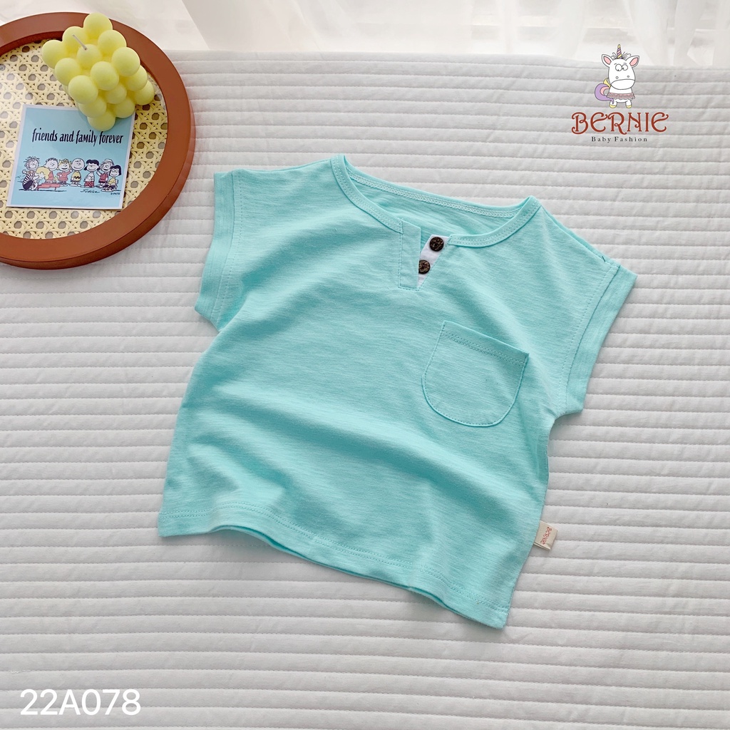 Aó phông cộc tay cổ xẻ V 2 cúc cotton xước mềm mát berner jinro ba by thời trang cho bé