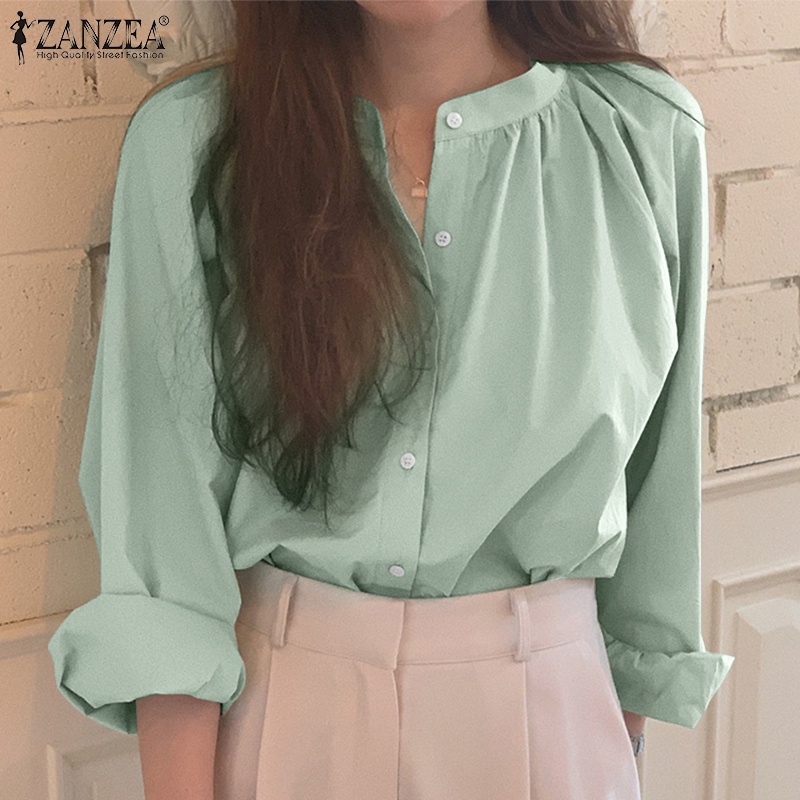 Áo kiểu ZANZEA cổ tròn dáng rộng màu trơn có nút cài thời trang thường ngày cho nữ