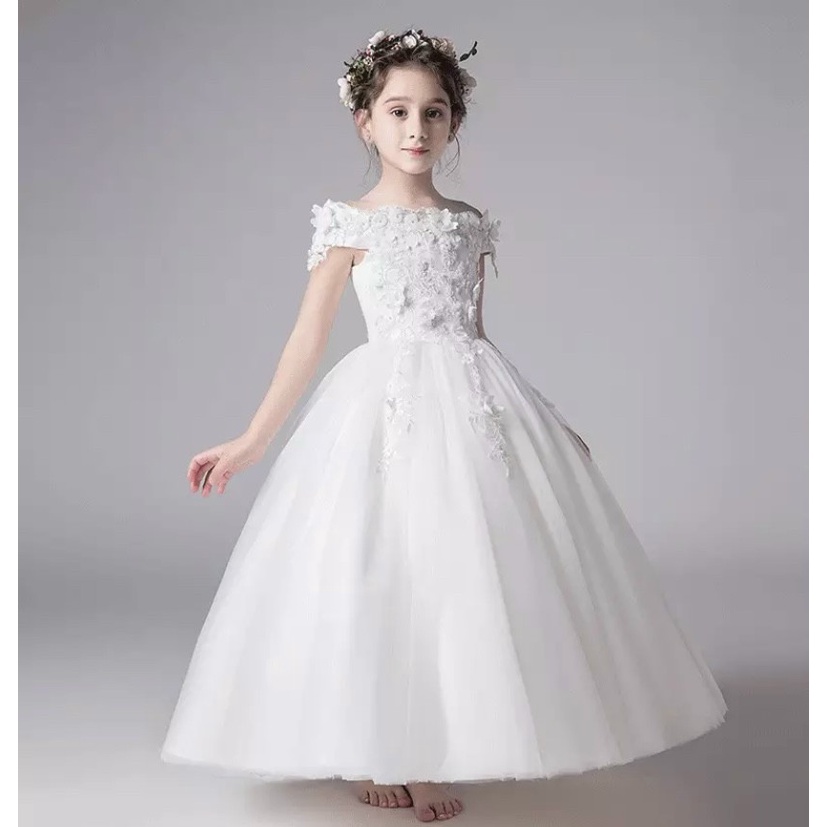 Váy công chúa bé gái thiết kế cao cấp cho bé đi dự tiệc phù dâu tùng dài siêu xòe sát nách màu trắng DBG093