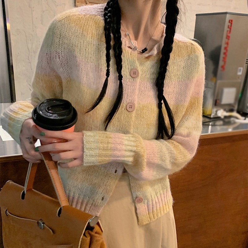 Áo Khoác Cardigan Dáng Ngắn Form Rộng Họa Tiết Kẻ Sọc Cầu Vồng Phong Cách Hàn Quốc