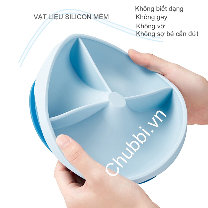 Khay Ăn Dặm Chống Lật Silcon 3 Ngăn Kích Thước Lớn 2 Màu Hít Chặt Mặt Bàn Dễ Dàng Vệ Sinh Tiệt Trùng