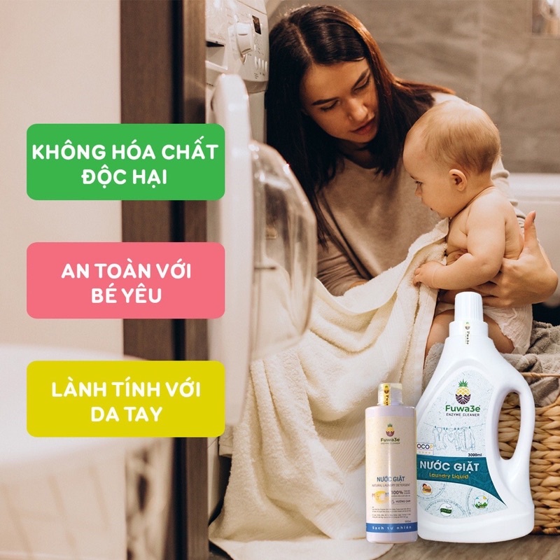 Nước Giặt Hữu Cơ FUWA3E organic sinh học 500ml giặt quần áo đồ lót, an toàn cho em bé chai 500ml