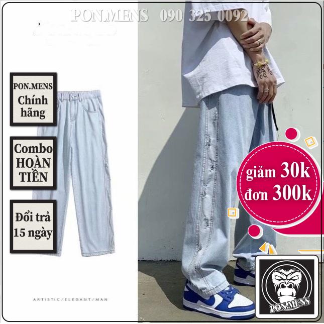 Quần jean ống rộng nam nữ màu xanh nhạt hoa văn sọc 2 bên đẹp mới hà nội hcm Pon.mens