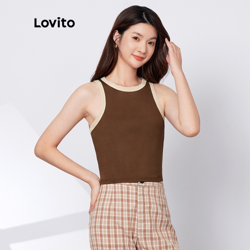 Áo sát nách Lovito kiểu nhún phối viền tương phản cổ trò không tay màu trơn phong cách thường ngày L29ED001 (màu cà phê)