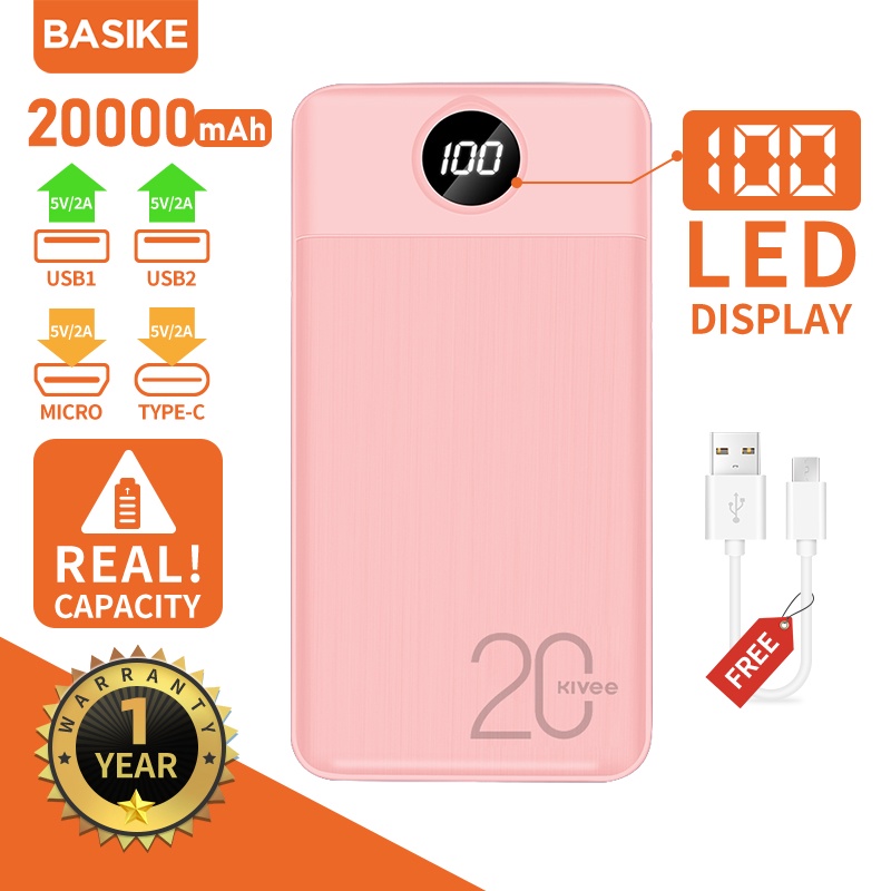 Sạc Dự Phòng 10000mAh 20000mAh BASIKE PT126P Hồng Tím 2 đầu ra USB & 2 đầu vào Android / Type-C - Bảo hành 12 tháng