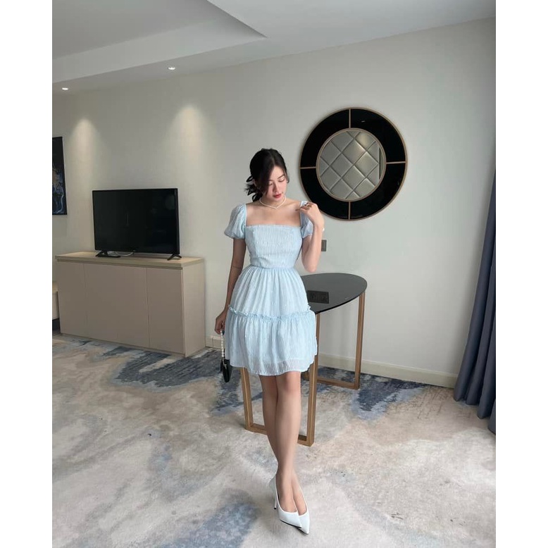 [HÀNG THIẾT KẾ CAO CẤP] Đầm Xòe Tay Phồng Cut Out Cột Nơ Hở Lưng Đi Biển / Đi Tiệc Dễ Thương Màu Xanh Pastel