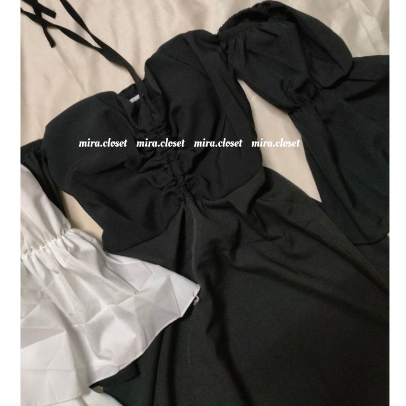 Đầm Trễ Vai Tay Bồng MIRA.CLOSET Dáng Xoè Chữ A Rút Dây Giữa Ngực Tiểu Thư So Cute D039