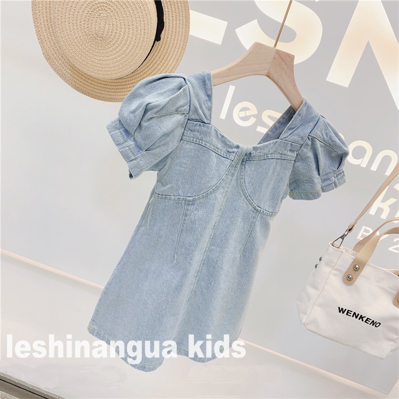 Mới Đầm Denim Tay Phồng Ngắn Cổ Chữ U Màu Xanh Dương Thời Trang Mùa Hè Cho Bé Gái