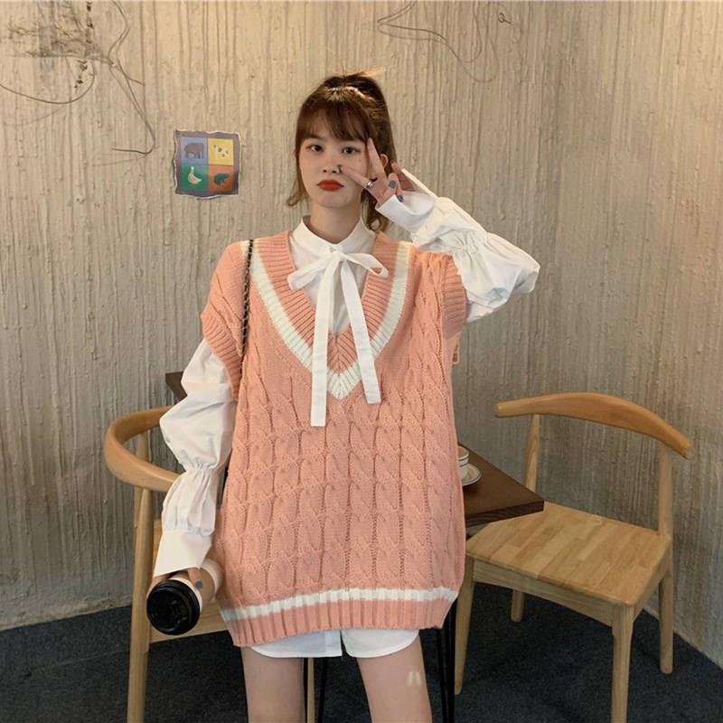 Bộ áo sơ mi thắt nơ + áo len không tay phong cách Hàn Quốc 2022