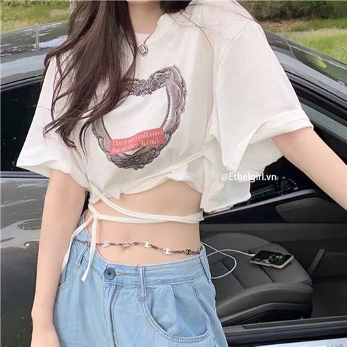 Áo Thun Crop Top Nữ Tay Ngắn In Hình Thời Trang