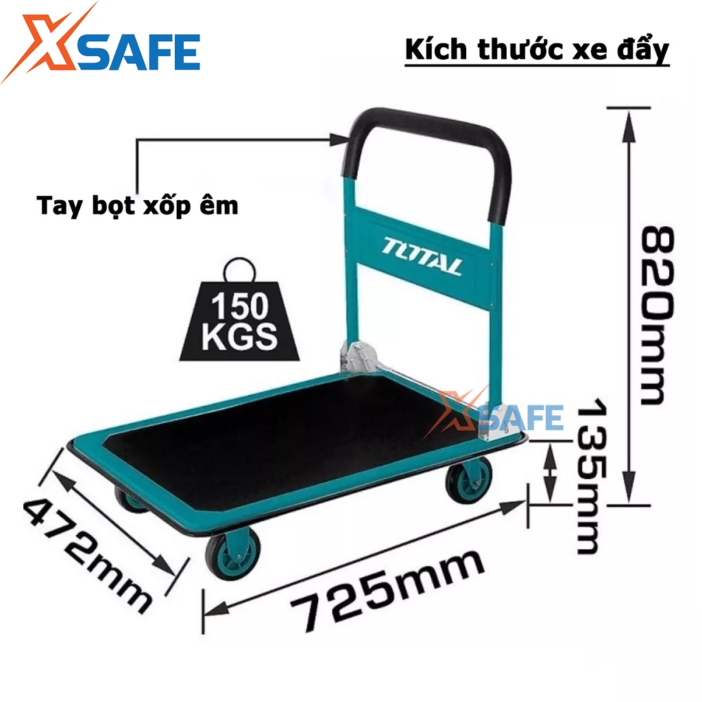 Xe đẩy hàng gấp gọn TOTAL THTHP11502 sàn thép tấm lót mềm thảm chống trơn trượt, 4 bánh PU, tải trọng tối đa 150kg