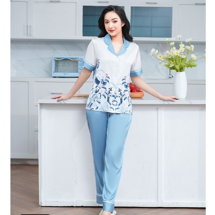 Bộ ngủ satin ZAM Luxury - CLA75 - áo ngắn tay quần dài hoạ tiết