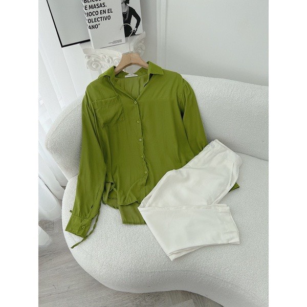 Sét áo sơ mi xanh cốm kèm quần ống rộng trắng- bộ đồ nữ hàn quốc áo chất lụa quần chất tuyết mưa lưng cao ulzzang