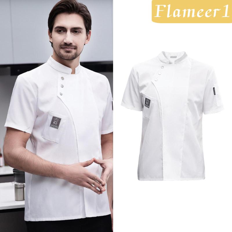 [Flameameer1] Áo Khoác Đầu Bếp Ngắn Tay Vải Cotton Mềm Thoáng Khí Cổ Điển Cho Máy Chủ