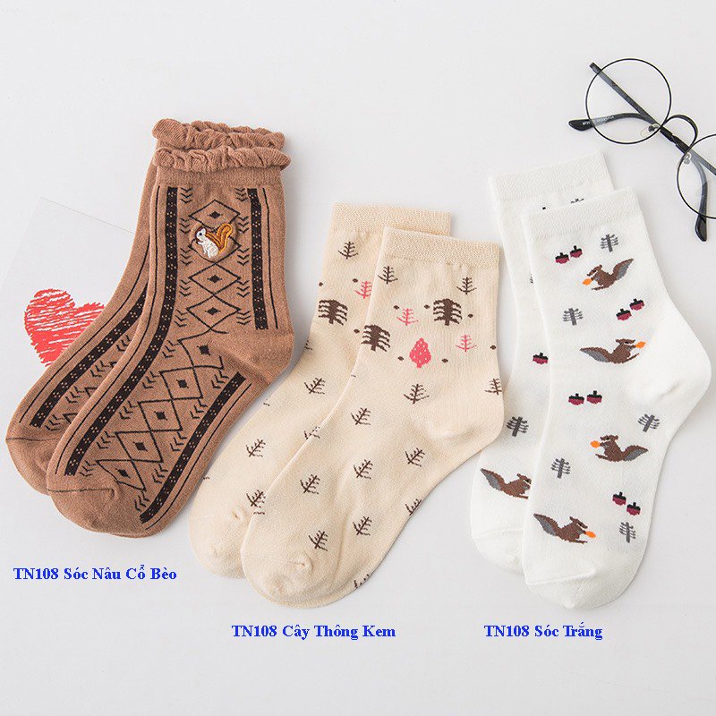 Set 3 đôi tất cổ cao Bivota vớ nữ nâu tây họa tiết nhí cực dễ thương T106