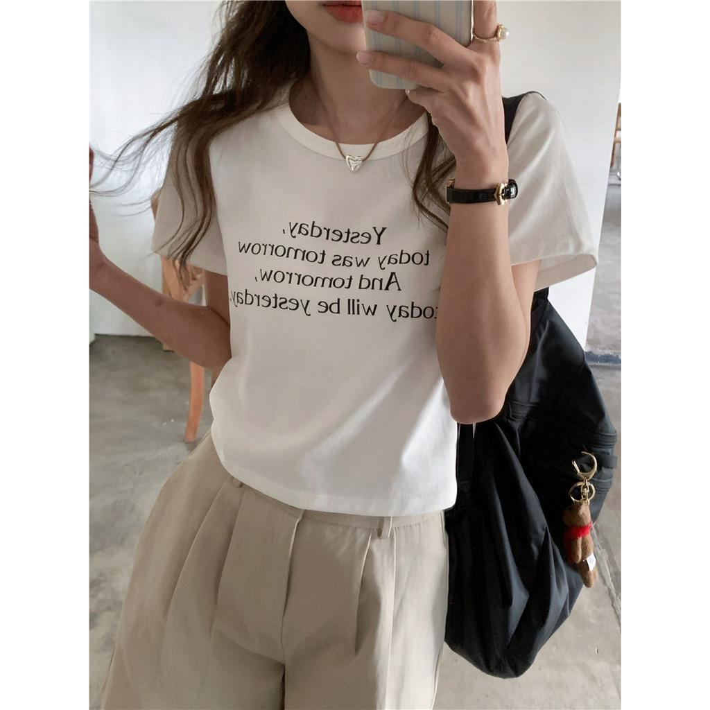 Áo Thun Cổ Tròn Ngắn Tay In Chữ Phong Cách Hàn Quốc 63506 2 Màu Cá Tính