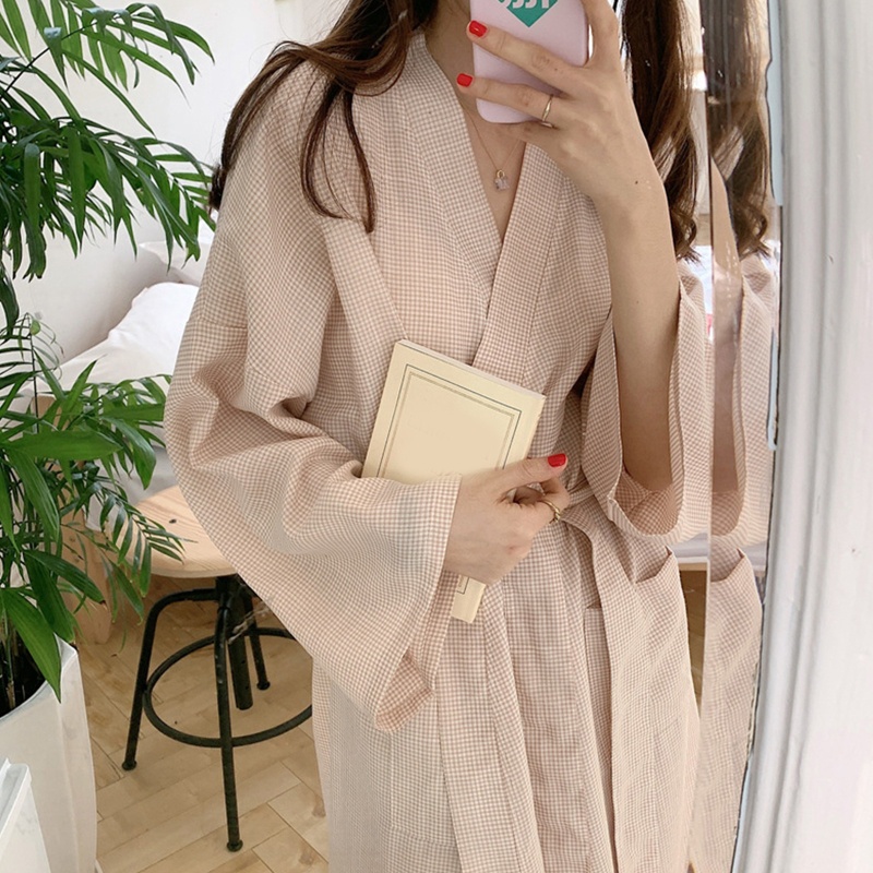 Áo Choàng Tắm Tay Dài Cổ Chữ V Có Túi Trước In Họa Tiết Kẻ Sọc Dáng Rộng Thời Trang Cho Nữ