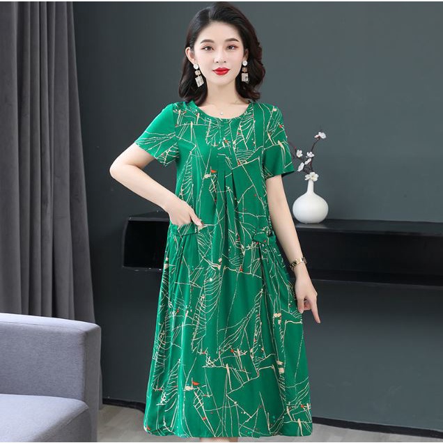Đầm Bigsize, Váy nữ trung niên cho mẹ, sang trọng tay ngắn cổ tròn phong cách Hàn Quốc
