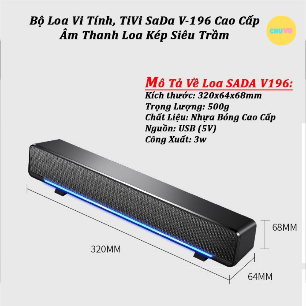 Loa máy tính bluetooth, Loa vi tính SADA V-196 siêu trầm có dải đèn led cao cấp thích hợp với cả tivi laptop điện thoại