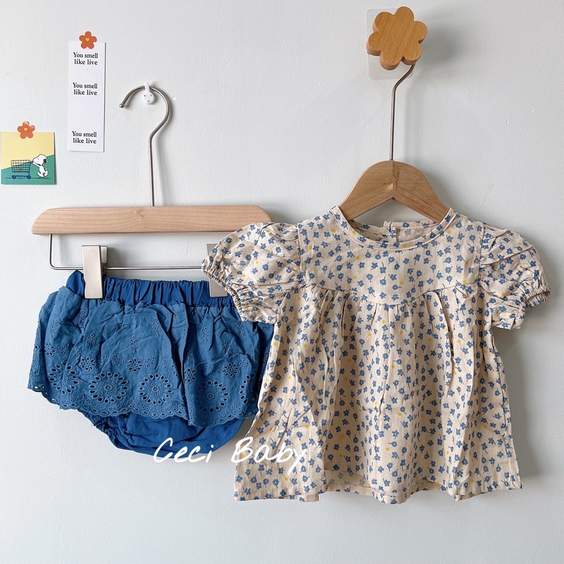 Set 3 chi tiết mũ, quần váy, áo hoa cho bé gái đáng yêu ảnh thật