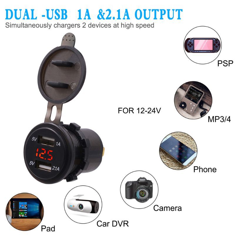 12V 24V Waterproof 2.1A Dual USB Port Car Charger With LED Voltmeter Mobile Phone Charging Power Outlet Adapter For Car Marine ATV Boat Motorcycle Truck  