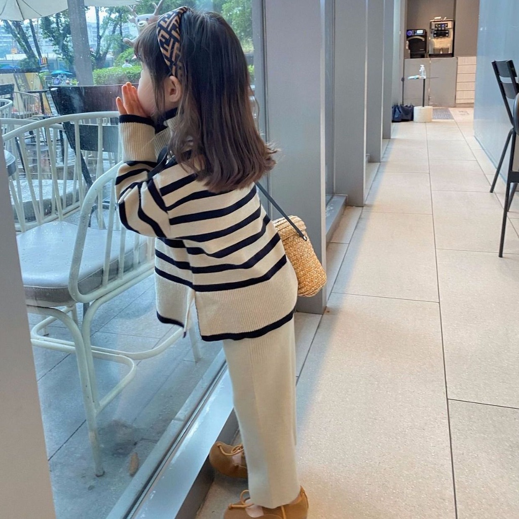Bộ Áo Sweater Cổ Cao + Quần Ống Rộng Họa Tiết Kẻ Sọc Thời Trang Thu Đông 2022 Phong Cách Hàn Quốc Cho Nữ