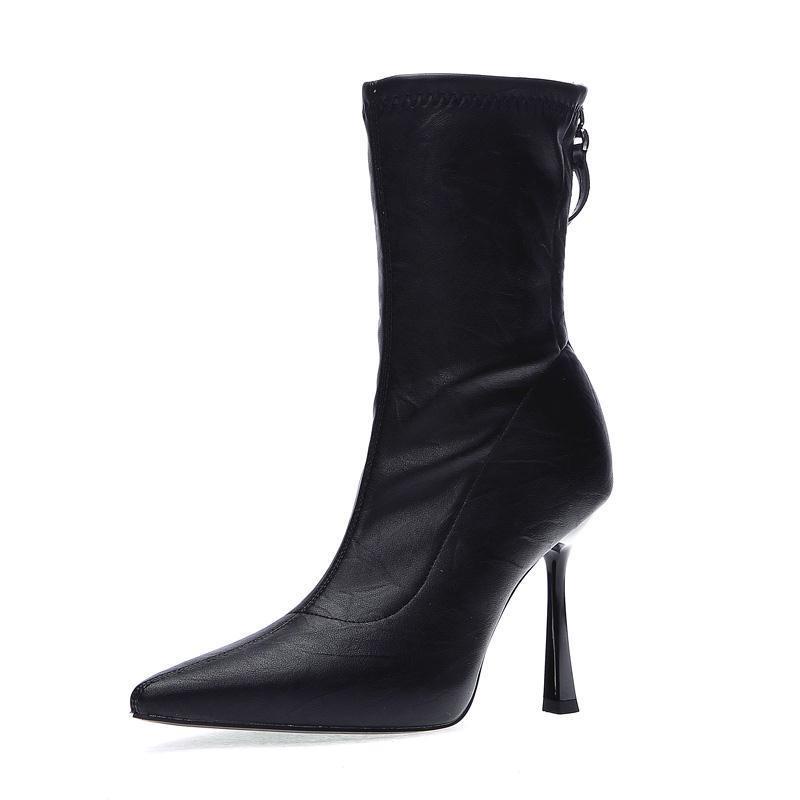 Giày Bốt Cao Gót Mũi Nhọn Mỏng Có Khóa Kéo Phía Sau Đơn Giản Mùa Thu Và Mùa Đông Kiểu Mới Dành Cho Bạn Nữ