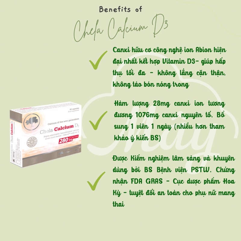 Canxi hữu cơ cho mẹ bầu sau sinh Chela Calcium D3 280mg