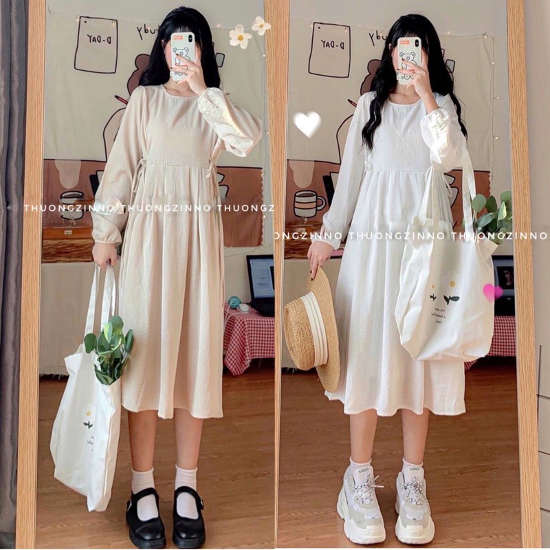 Váy suông trơn dáng dài thắt nơ eo phong cách Hàn Quốc Đầm babydoll sang trọng | BigBuy360 - bigbuy360.vn