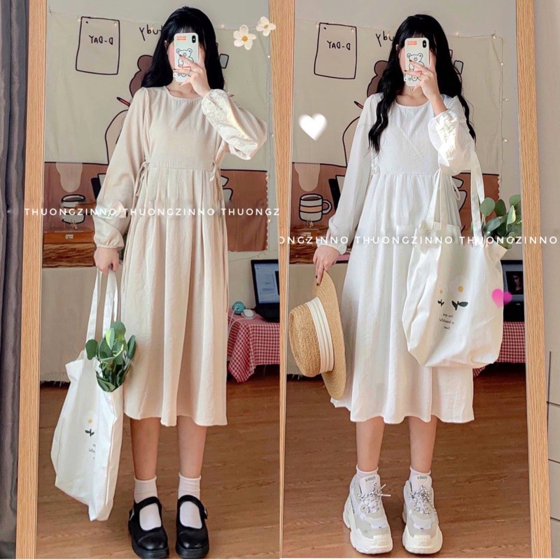 Váy suông trơn dáng dài thắt nơ eo phong cách Hàn Quốc Đầm babydoll sang trọng