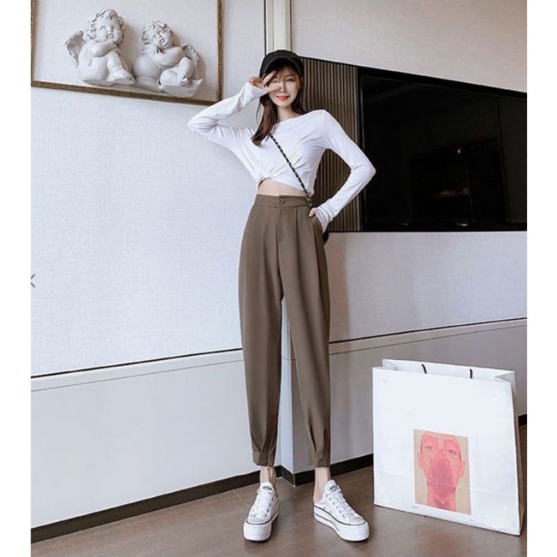 Quần baggy khóa gấu 2 màu đen nâu thời trang