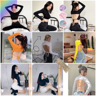 Croptop Tay Dài Hở Lưng Cột Dây