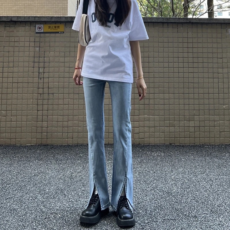 Quần Jeans Ống Loe Nữ Màu Xanh Nhạt Xẻ Gấu Tôn Dáng 1 Cúc Cạp Cao Style Cá Tính, Mặc Hàng Ngày Chất Loại 1