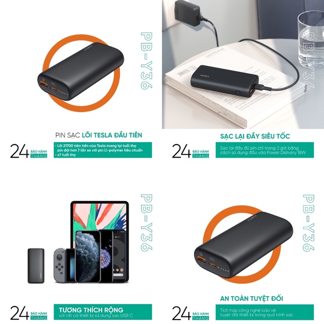 [Mã 159ELSALE hoàn 7% đơn 300K] Pin sạc dự phòng AUKEY PB-Y36 10.000mAh PD 3.0/QC 3.0 18W