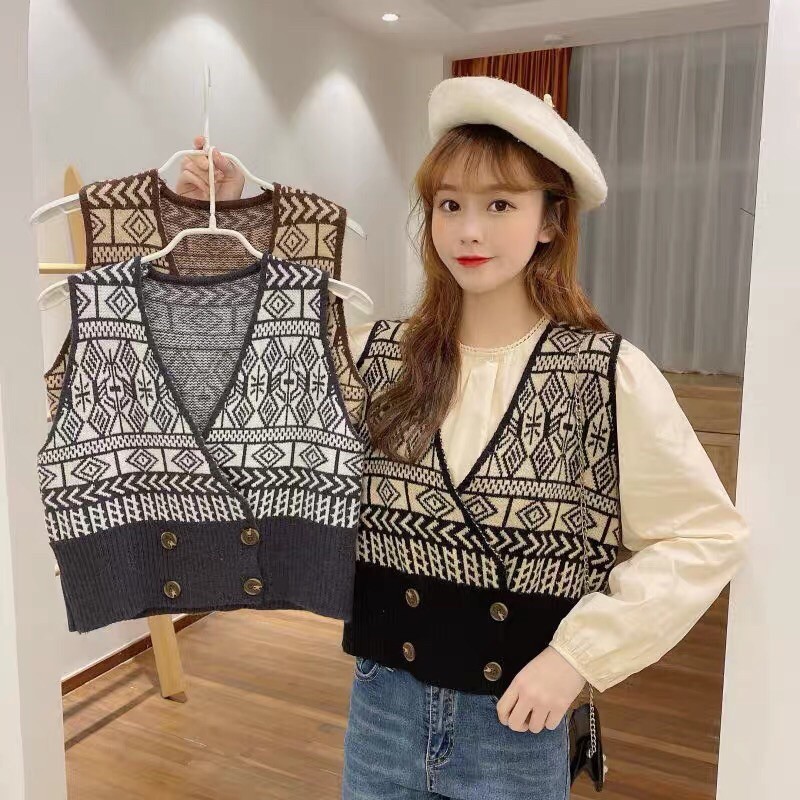 Áo gile phối cúc thổ cẩm cổ V tiểu thư forgirl phong cách Hàn Quốc | BigBuy360 - bigbuy360.vn