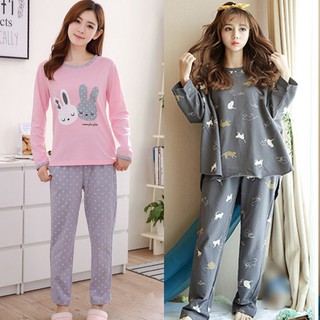 【Lisa】Bộ pijama dài tay in họa tiết hoạt hình + quần dài cho nữ