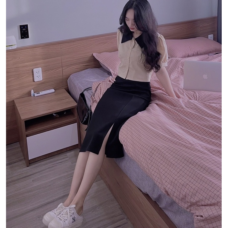 CHÂN VÁY ĐEN XẺ TÀ BÊN + ÁO SƠMI DÁNG NGẮN MÀU BE CỔ ĐEN (ảnh shop tự chụp 100% ạ) | BigBuy360 - bigbuy360.vn