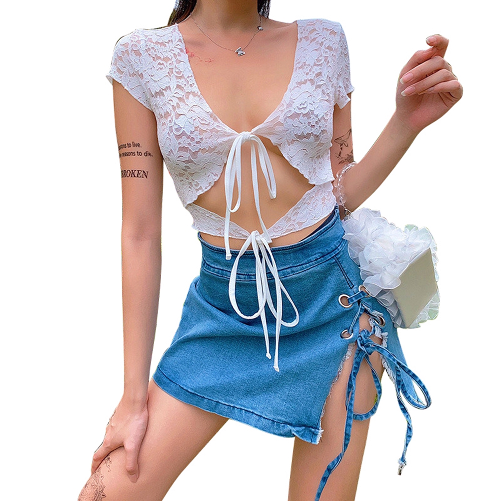 Áo kiểu crop top tay ngắn phối ren quyến rũ thời trang cho nữ