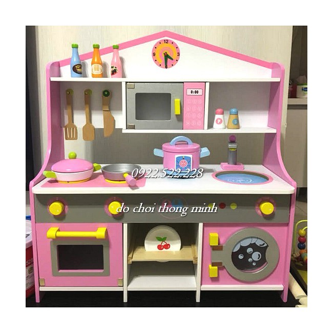 [SHIP NGAY] Đồ Chơi Gỗ - Nhà Bếp màu hồng Kiểu Nhật Japanese Kitchen cao cấp - Tủ bếp đồ chơi bé gái