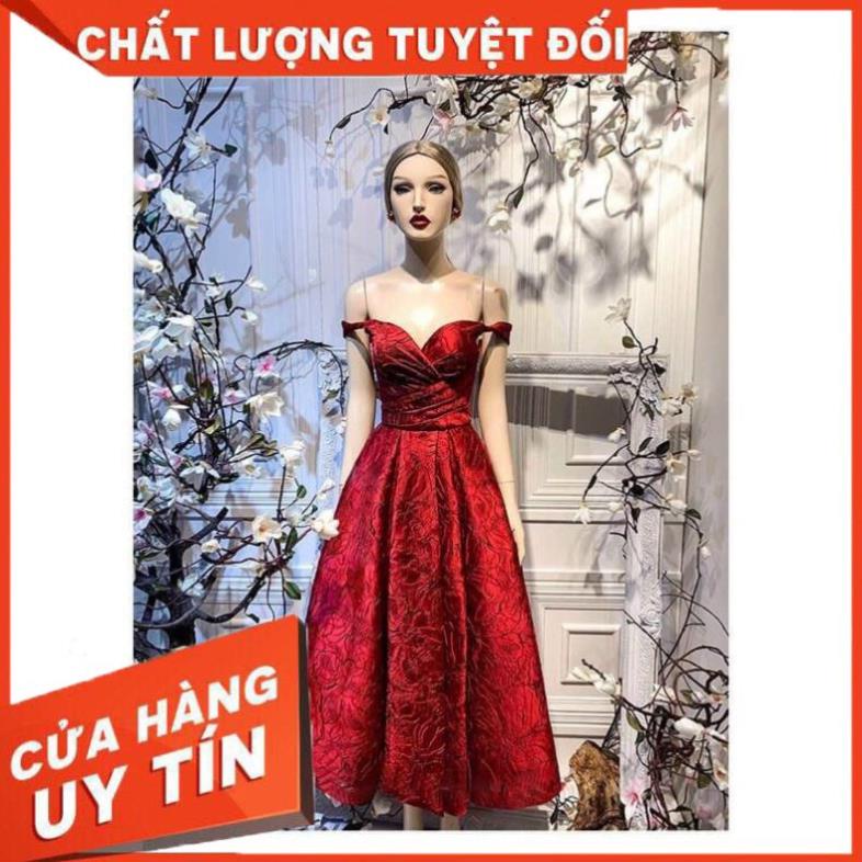 Đầm dự tiệc gấm bẹt vai xẻ đùi siêu xinh - size M/L - MS250V