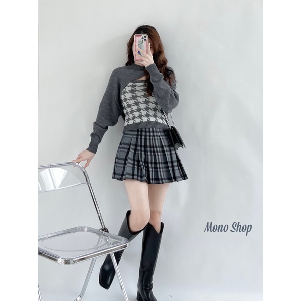 set áo len cutout kèm áo 2 dây ôm hoạt tiết ziczac bốn màu ( Ảnh thật/ sẵn) | BigBuy360 - bigbuy360.vn