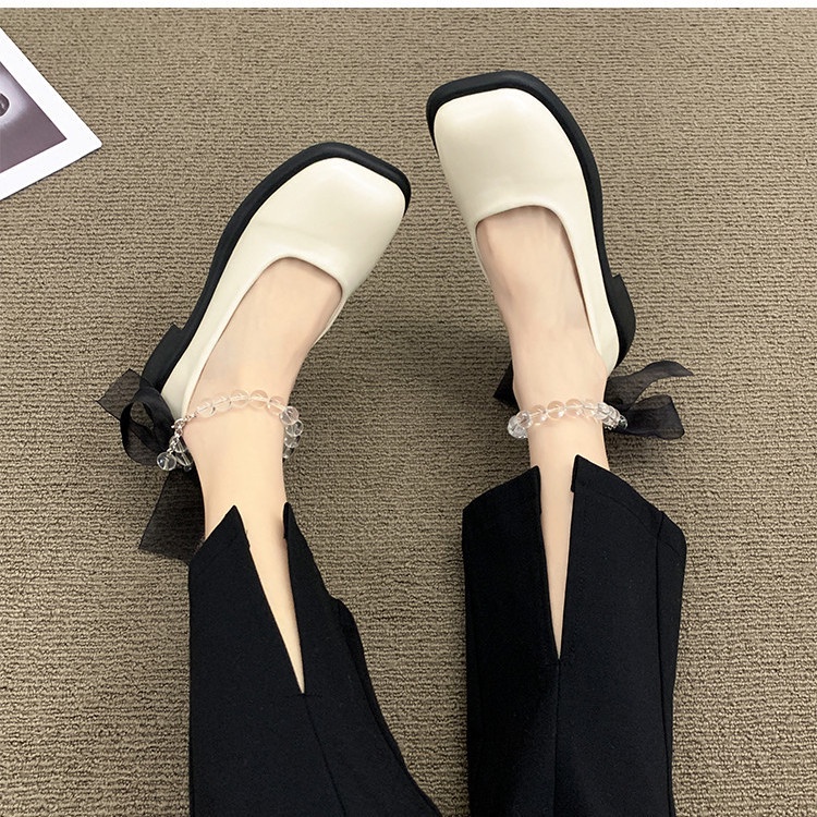 Giày Búp Bê Da Mũi Vuông Đính Nơ Thời Trang Cho Nữ