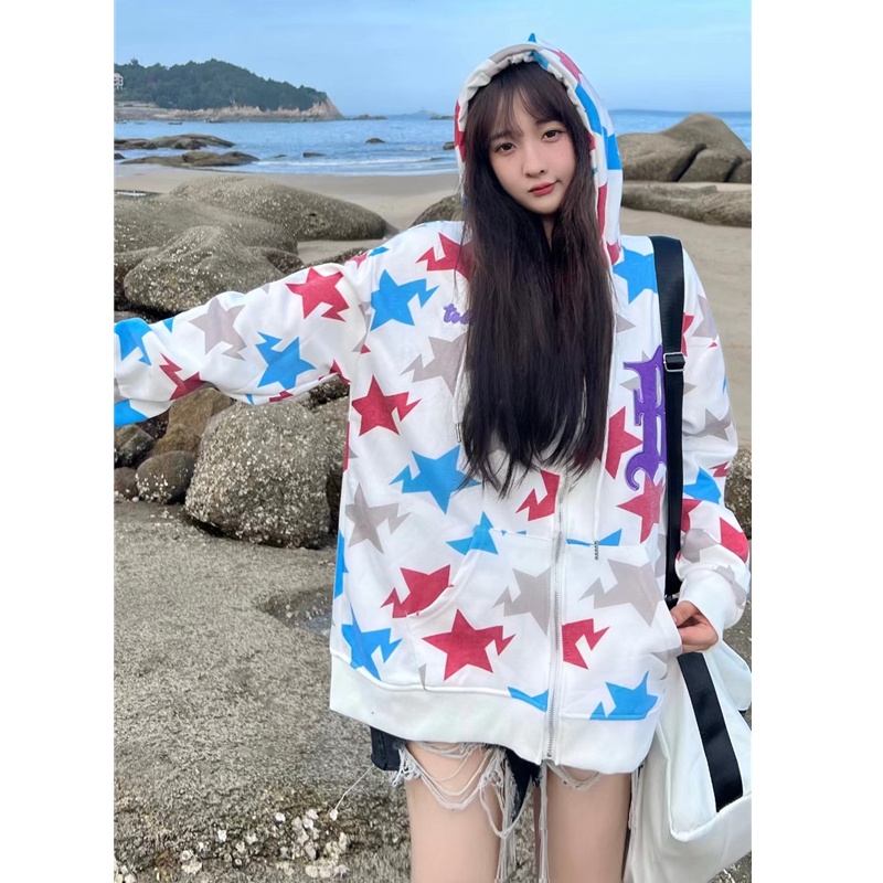 Áo khoác hoodie ZHELIHANGFEI tay dài dáng rộng in họa tiết xinh xắn dễ phối đồ